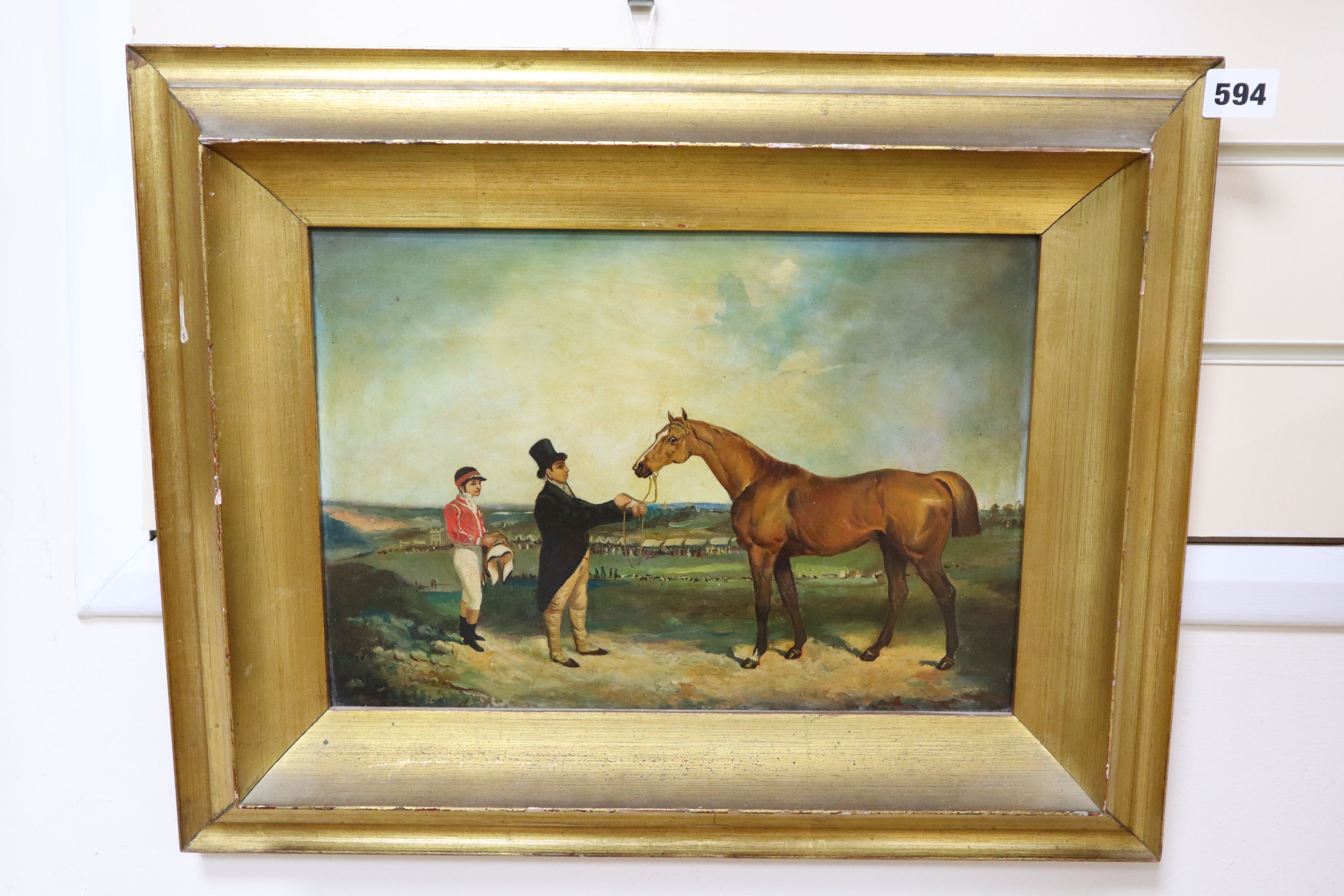 English School, oil on canvas, Jockey, owner and horse in a landscape, 24 x 34cm